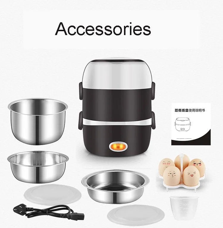 USB-powered portable electric lunch box showing three-layer 2L container with 190mm cubic dimensions