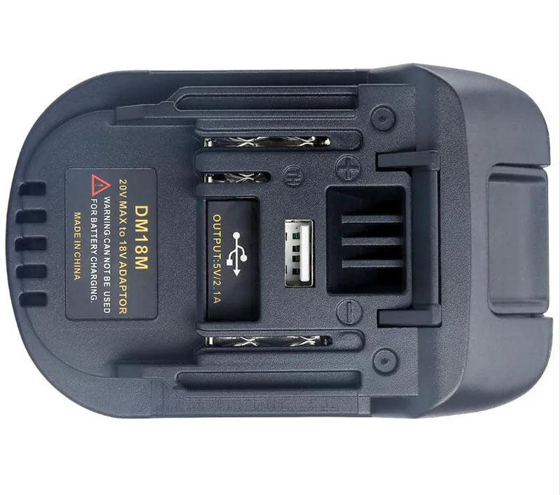 Black Milwaukee DM18M to MAKITA H99F battery power tool adapter, showing connector ends.