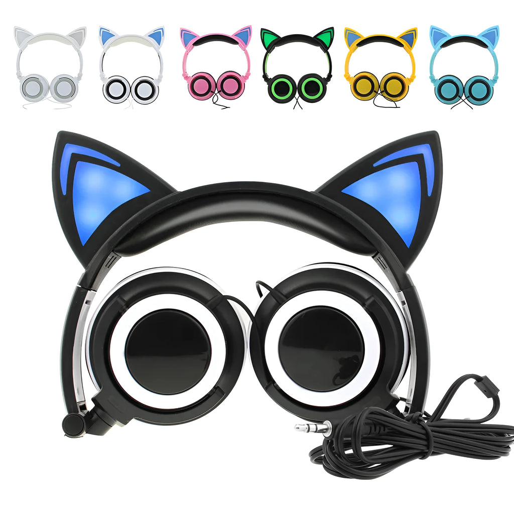 Colourful LED cat ear headphones with glowing ears and cushions, showing 3.5mm plug.