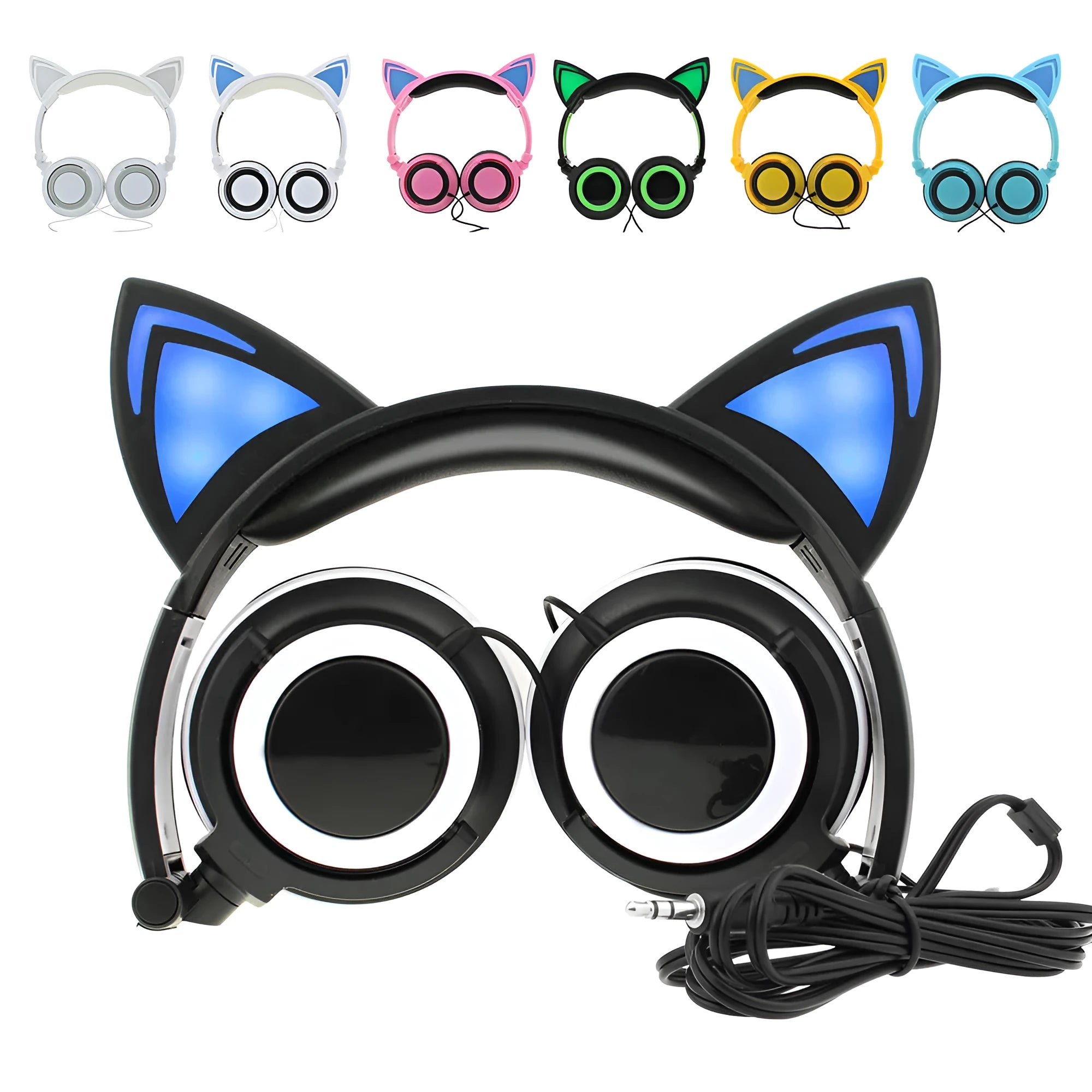 Colourful LED cat ear headphones with glowing ears and cushions, showing 3.5mm plug.