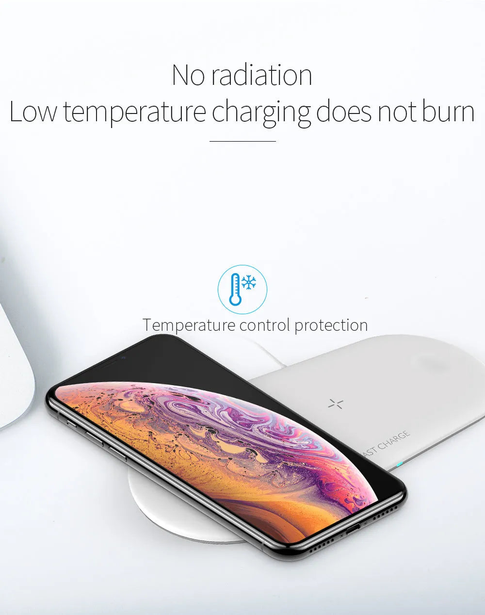 Black 3-in-1 wireless charging station for Apple Watch, phone, and headphones on a desk.