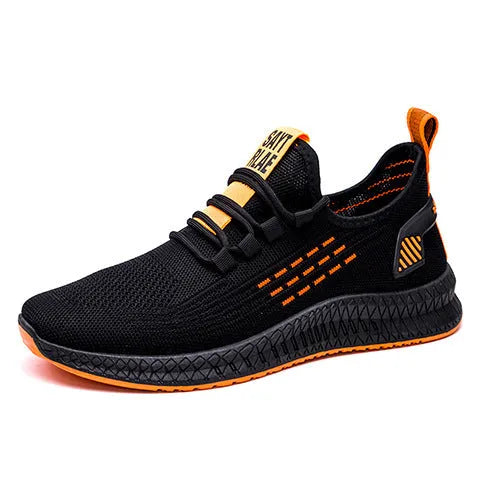 Men's black casual trainers with Flying Weave upper and cross strap detail on low-top sports shoes