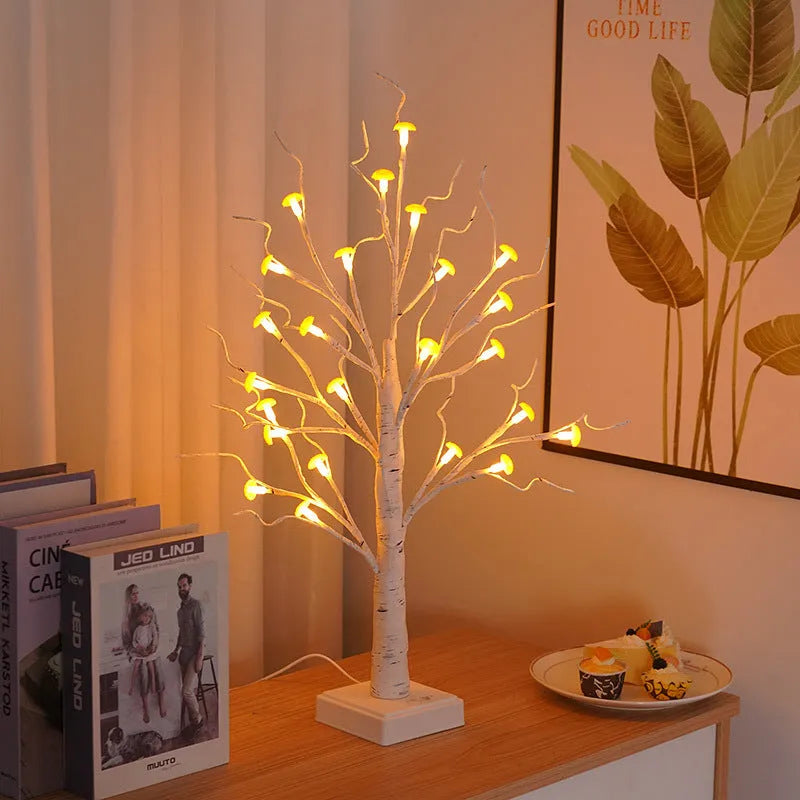60cm tall mushroom tree LED lamp with warm light colour and 24 detachable plastic flowers on birch tree design