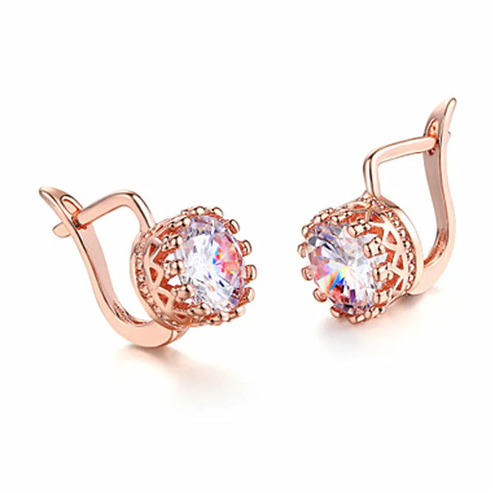 Korean retro crown shape ear clip earrings in rose gold and white gold colour with white diamond details