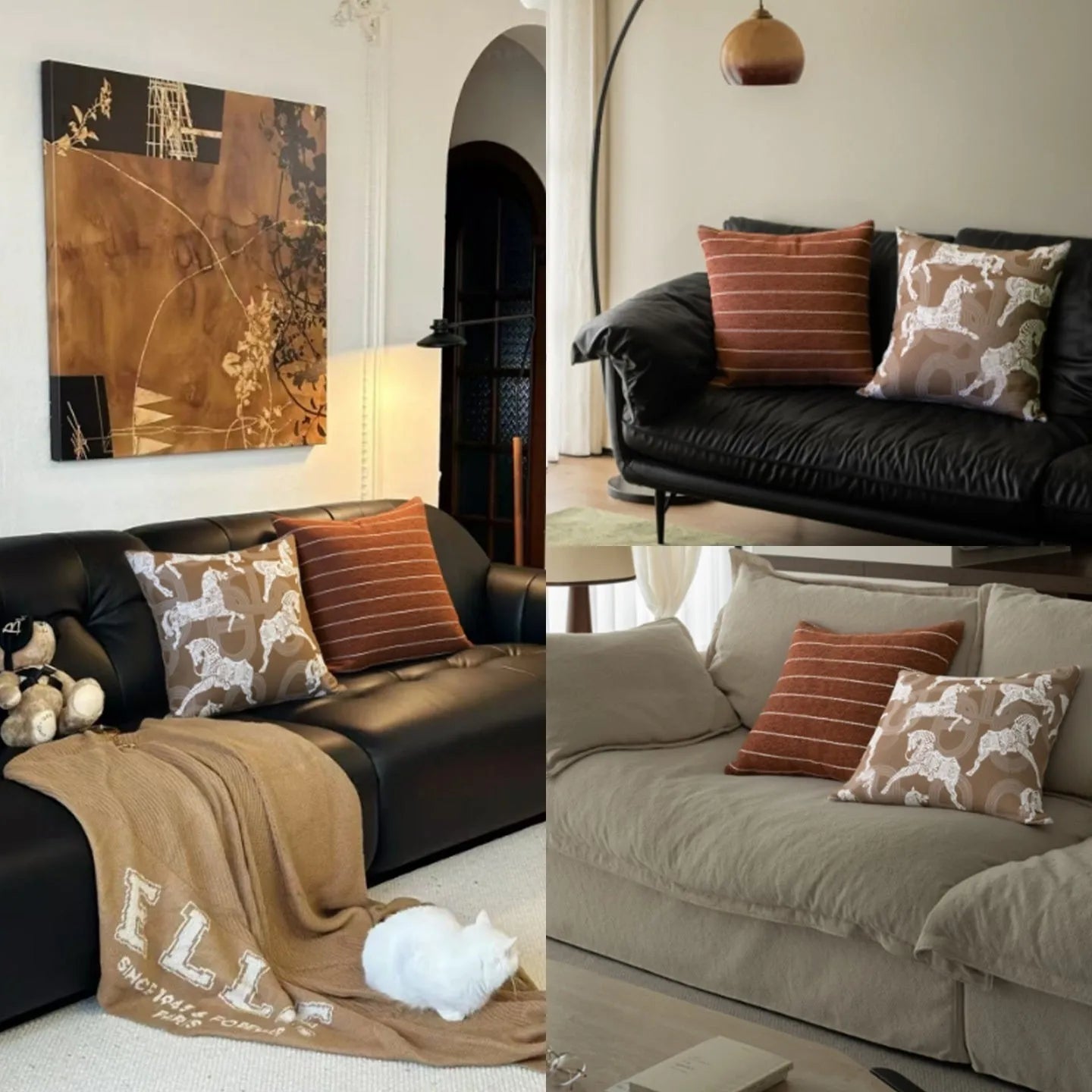 Chinese ancient style square cushion in brown geometric patterns, 45cm size with feather velvet fill.