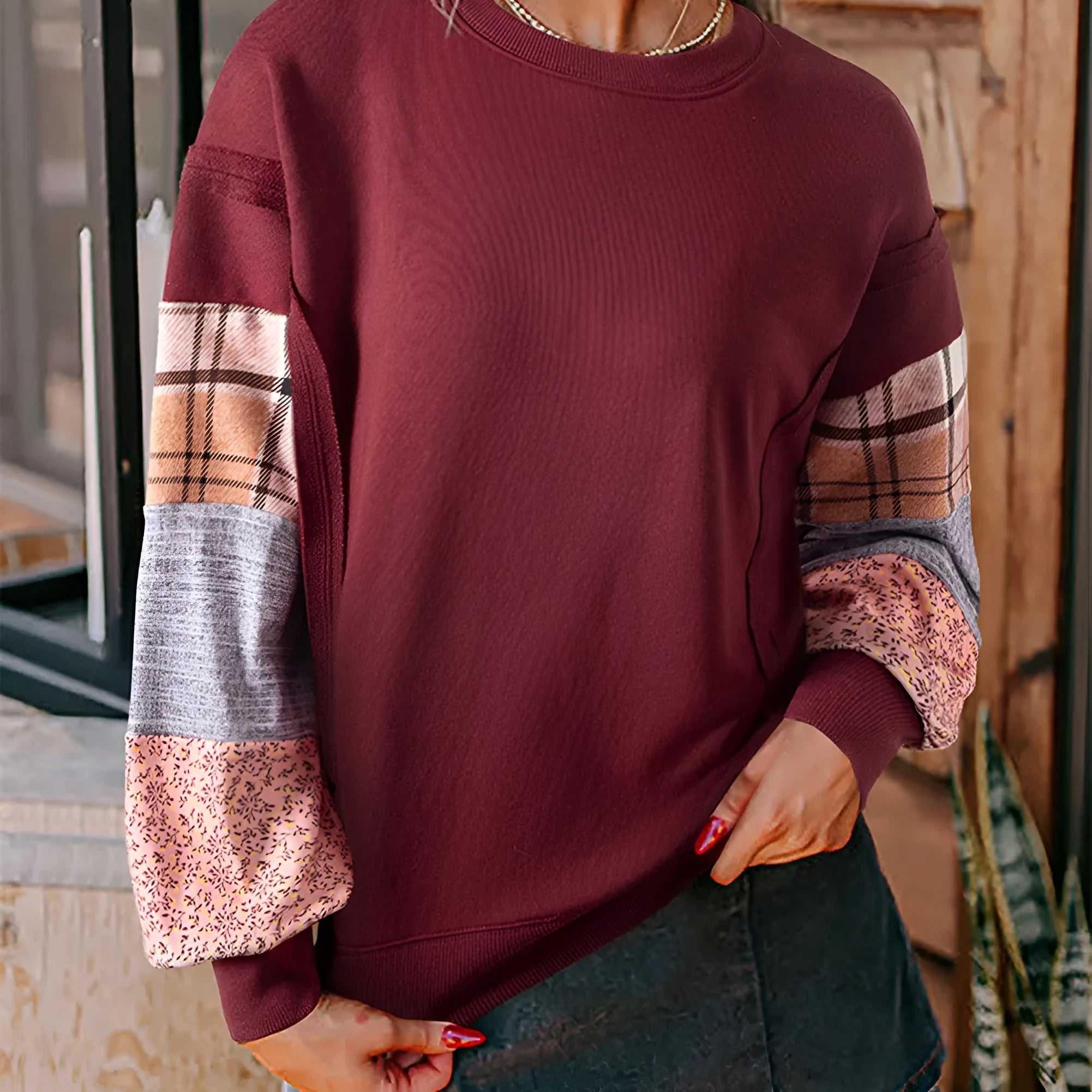 Women's plaid stitching long-sleeved top in apricot colour, loose casual style