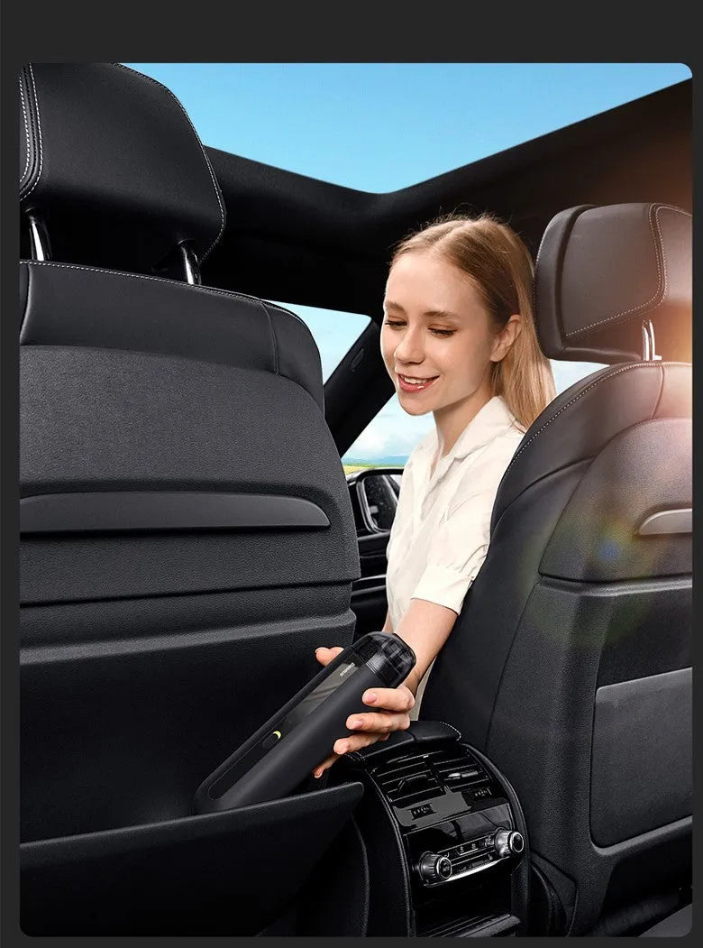 BASEUS wireless handheld car vacuum cleaner in black, white, or green with suction and blowing hose.