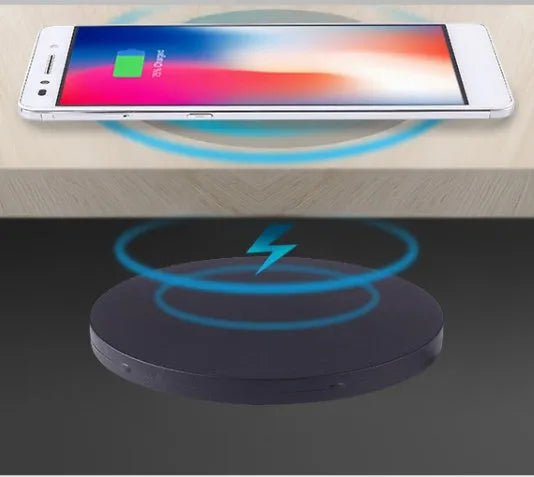 60mm round embedded wireless phone charger for furniture installation with smartphone compatibility logos