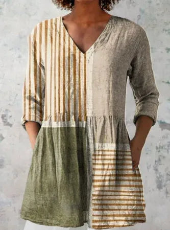 Women's printed loose wave dress with 3/4 sleeves and wide waist in polyester fabric