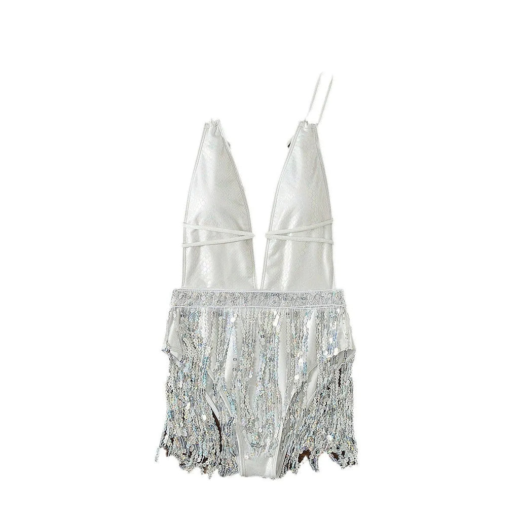 White women's one-piece swimsuit with deep V-neck and tassel detailing