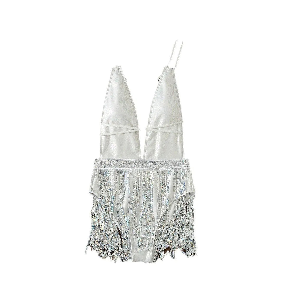 White women's one-piece swimsuit with deep V-neck and tassel detailing