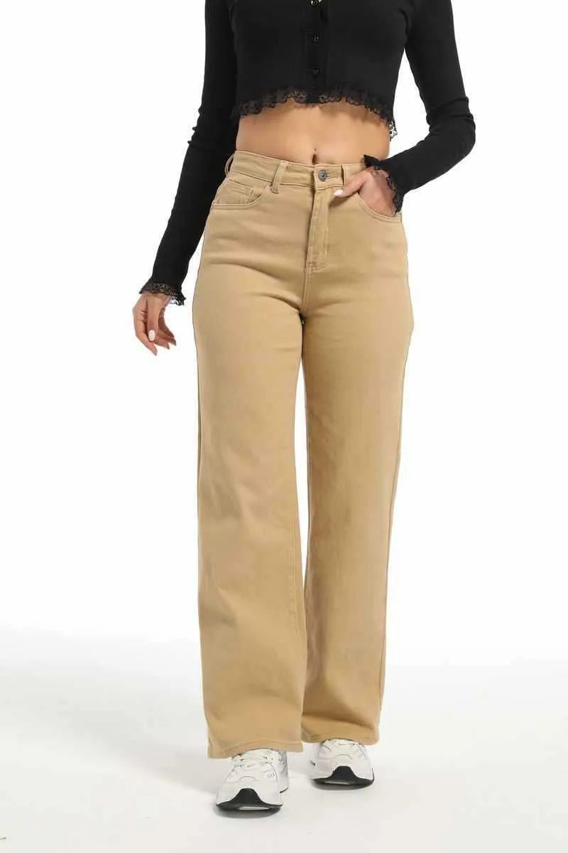 Women's high-waist straight leg wide jeans in apricot colour on a hanger.