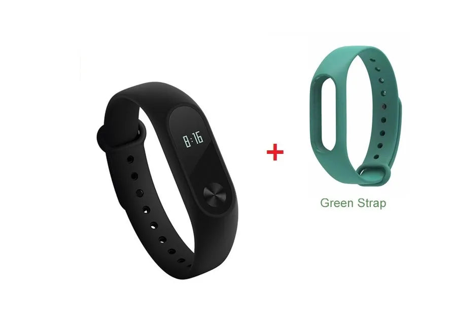 Xiaomi Mi Band 2 black smartband on wrist showing OLED display with heart rate and step count.