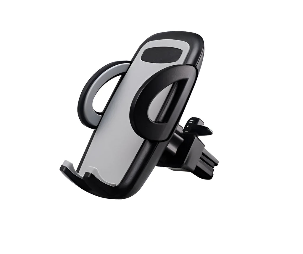 Black plastic universal mobile phone holder attached to a car air vent.