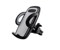 Black plastic universal mobile phone holder attached to a car air vent.