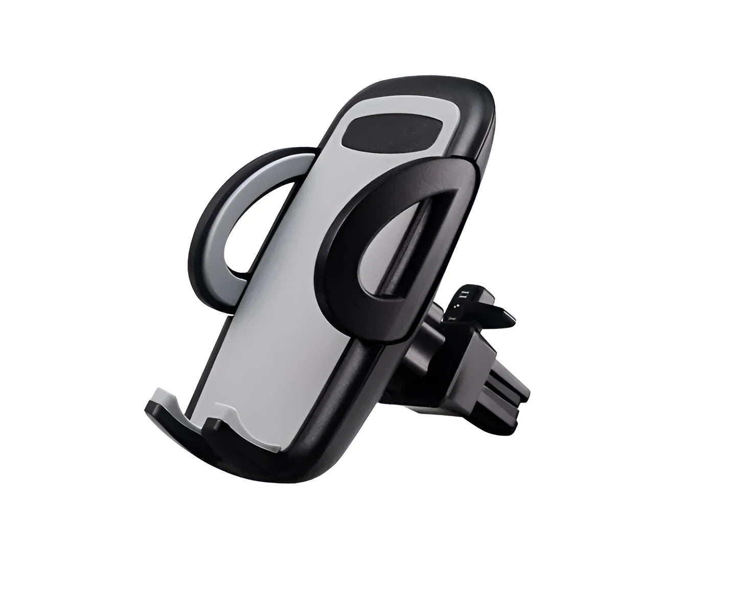 Black plastic universal mobile phone holder attached to a car air vent.