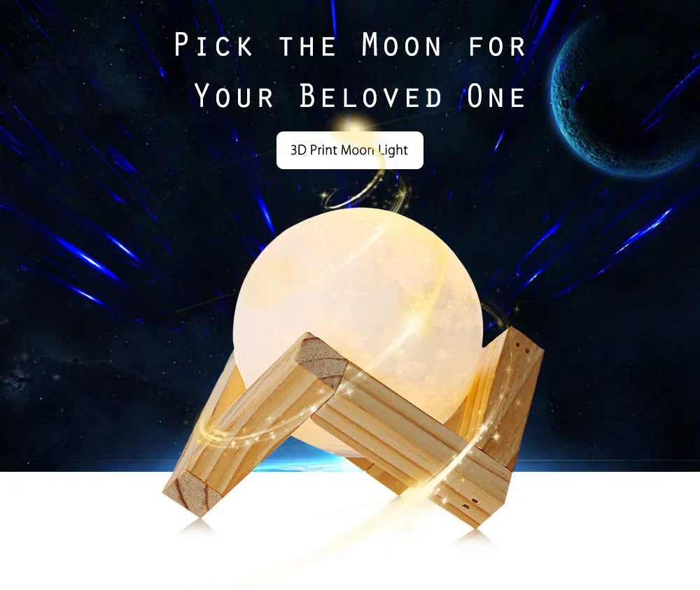 3D printed moon lamp glowing on a wood stand, showing detailed crater texture.