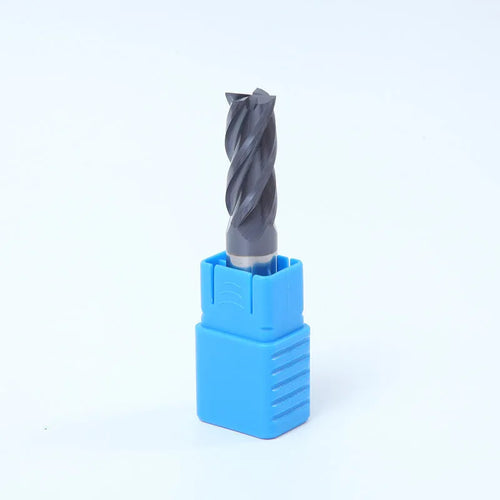 Carbide milling cutter with straight shank and spiral cutting edge on a dark background.