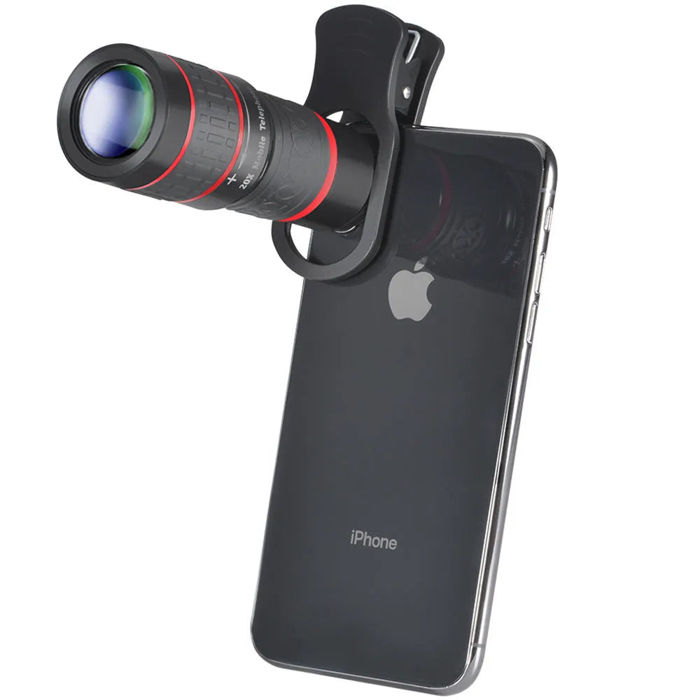20x magnification mobile phone telescope with universal clip and eyepiece mask on a smartphone.