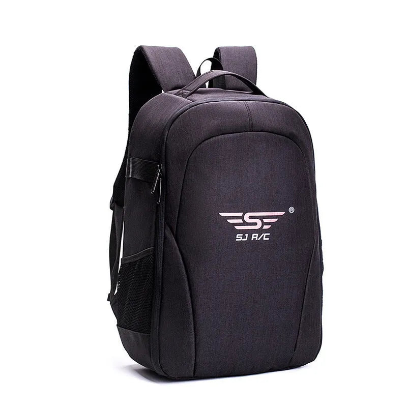 Black Oxford cloth drone backpack showing internal camera, laptop, and organiser pockets.