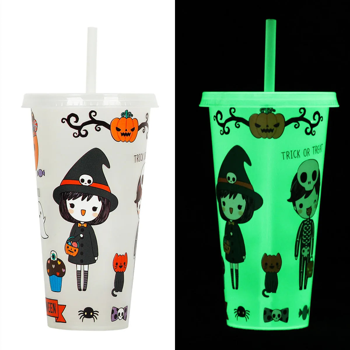 720ml Halloween plastic cup with luminous straw in one of six colours, showing cylindrical shape.