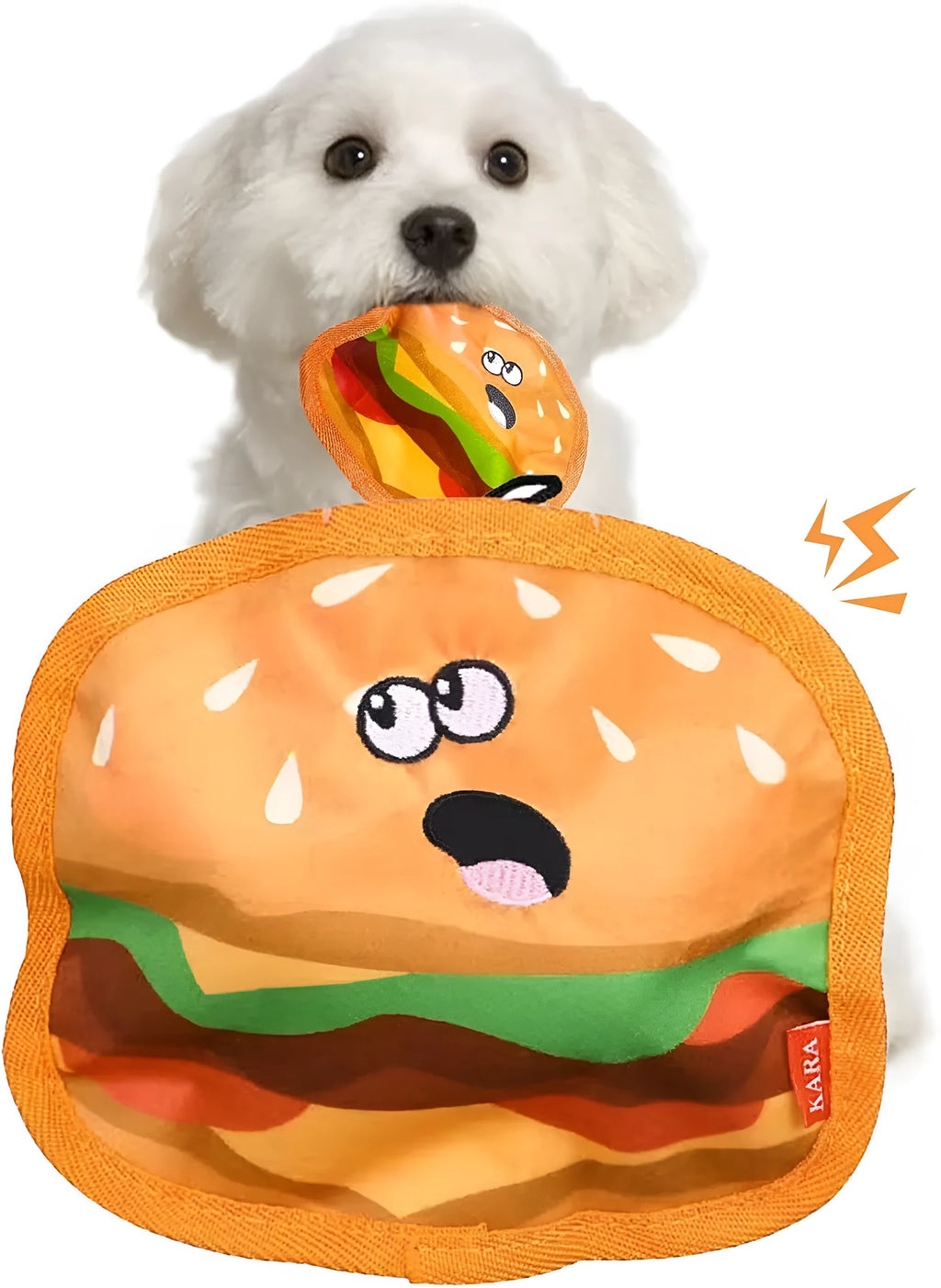 Colourful crinkle and squeaky dog chew toys shaped like a hamburger, fries, a hot dog, and a pizza on a plain background.