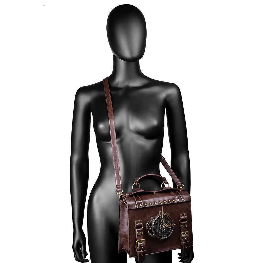 Bronze steampunk industrial retro style shoulder bag showing metal hardware details and pillow bag shape