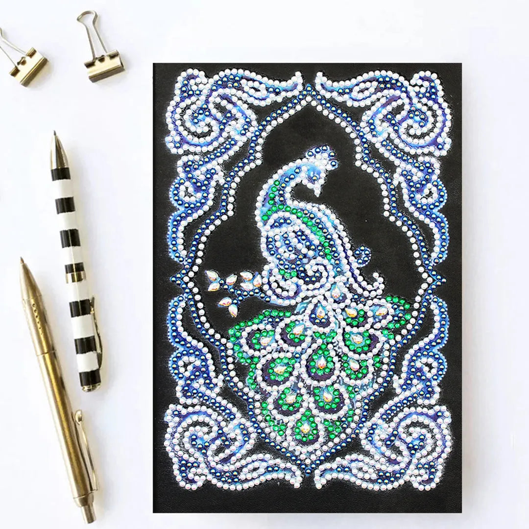 A5 peacock diamond painting notebook with shaped and bright drills, black cover, spiral binding