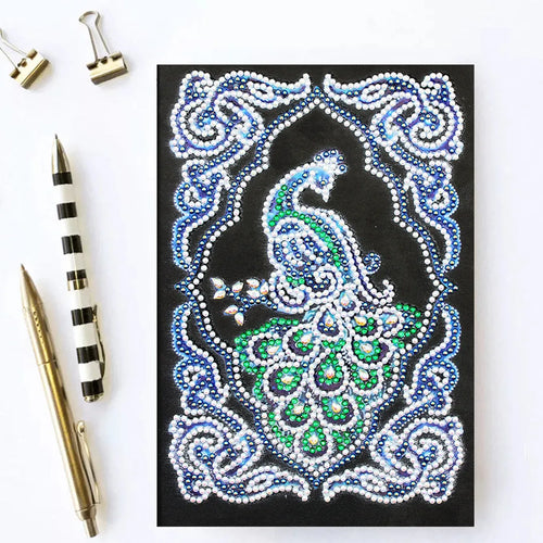 A5 peacock diamond painting notebook with shaped and bright drills, black cover, spiral binding