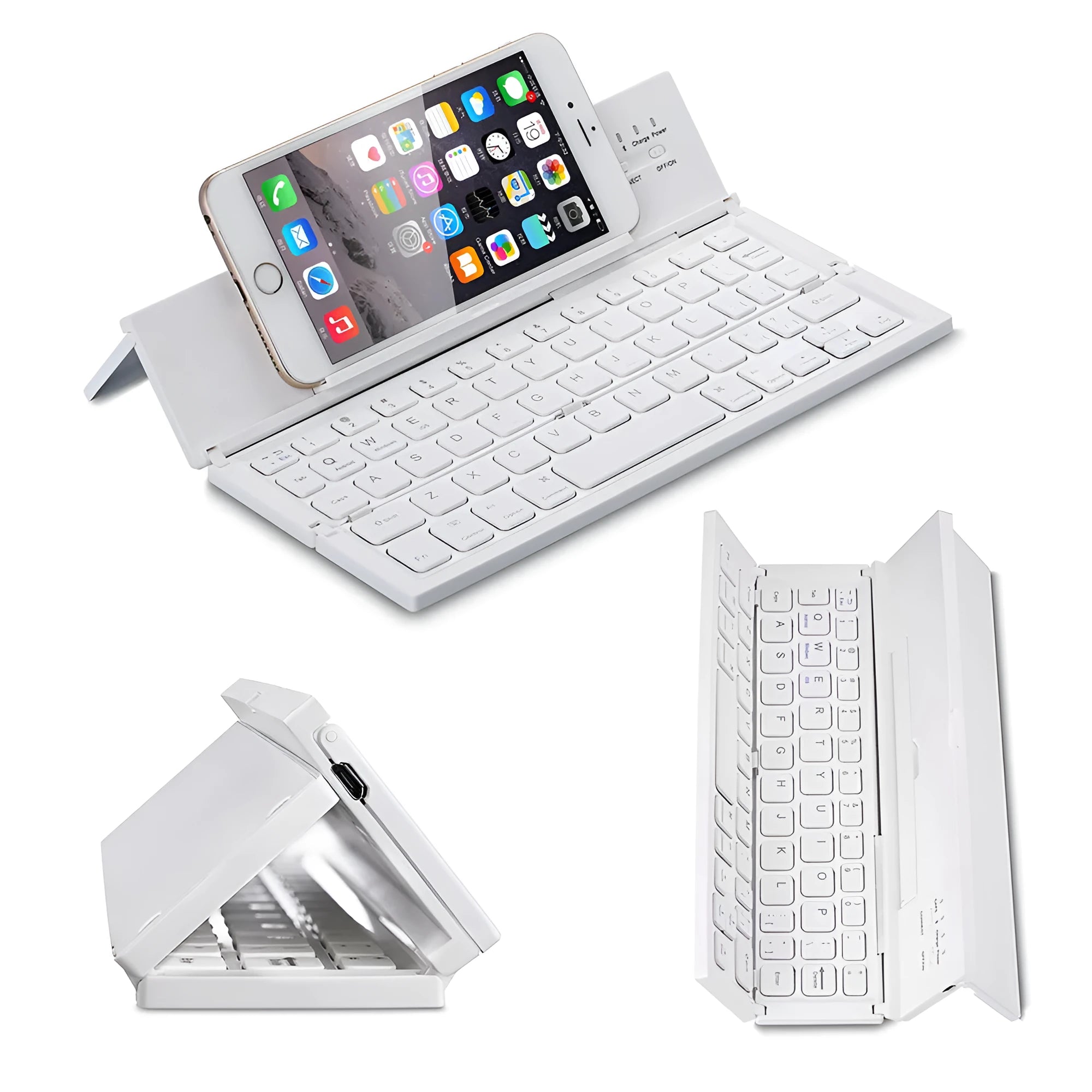Black folding Bluetooth wireless keyboard next to tablet showing compact portable design