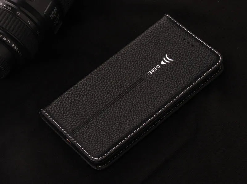 Black PU leather business wallet case for iPhone X showing card slot and cash compartment.