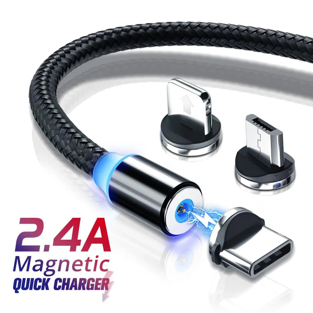 Black magnetic USB charging cable with glowing LED light indicator on a white background.