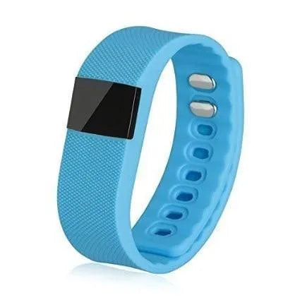 Bracelet pedometer with black plastic and ABS band showing display tracking steps, distance, calories and time