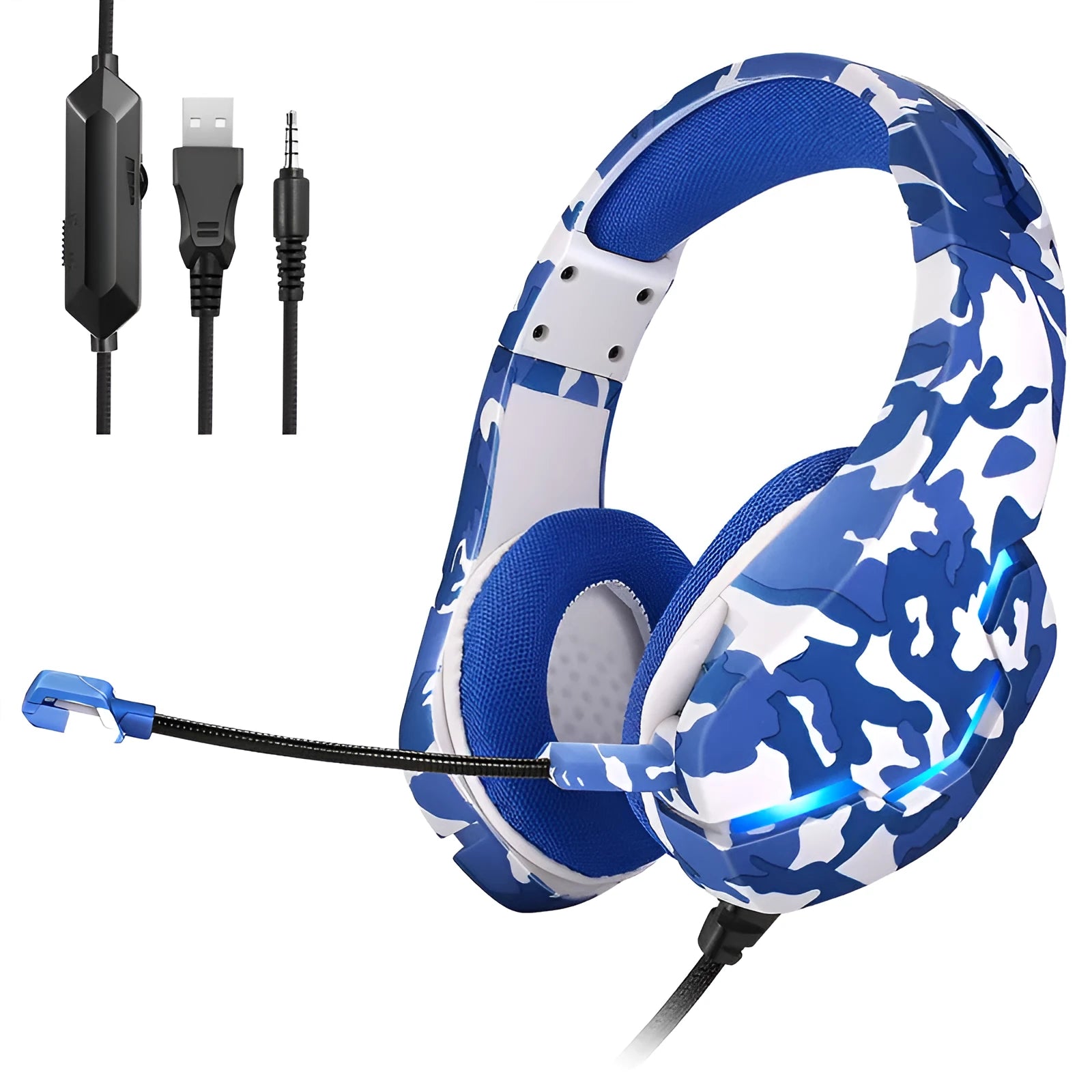 Wired camouflage gaming headset with cloth earmuffs and braided cable next to adapter