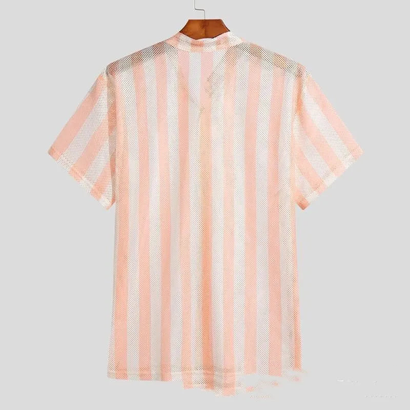 Pink men's loose-fit waffle texture short sleeve cardigan shirt on a hanger.