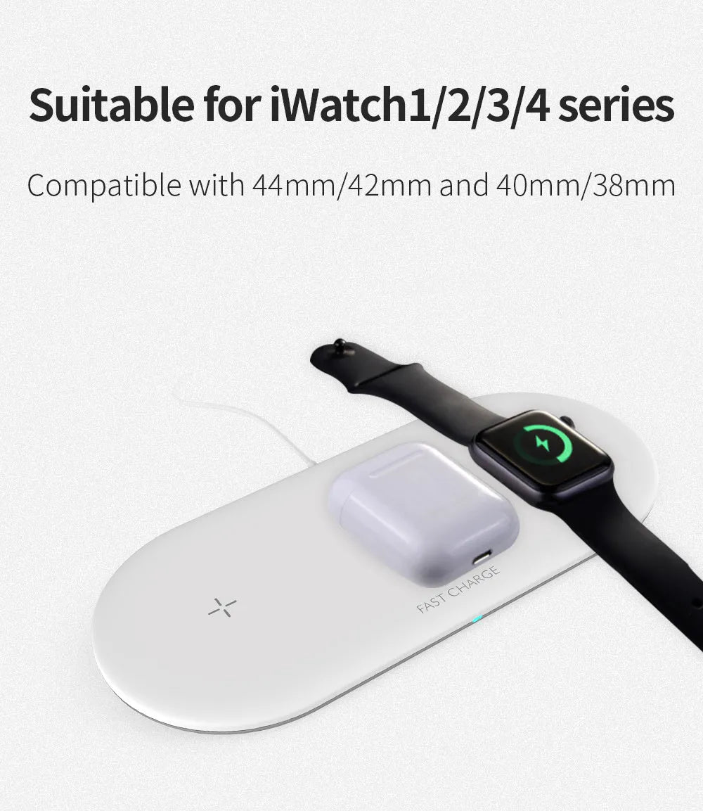 Black 3-in-1 wireless charging station for Apple Watch, phone, and headphones on a desk.