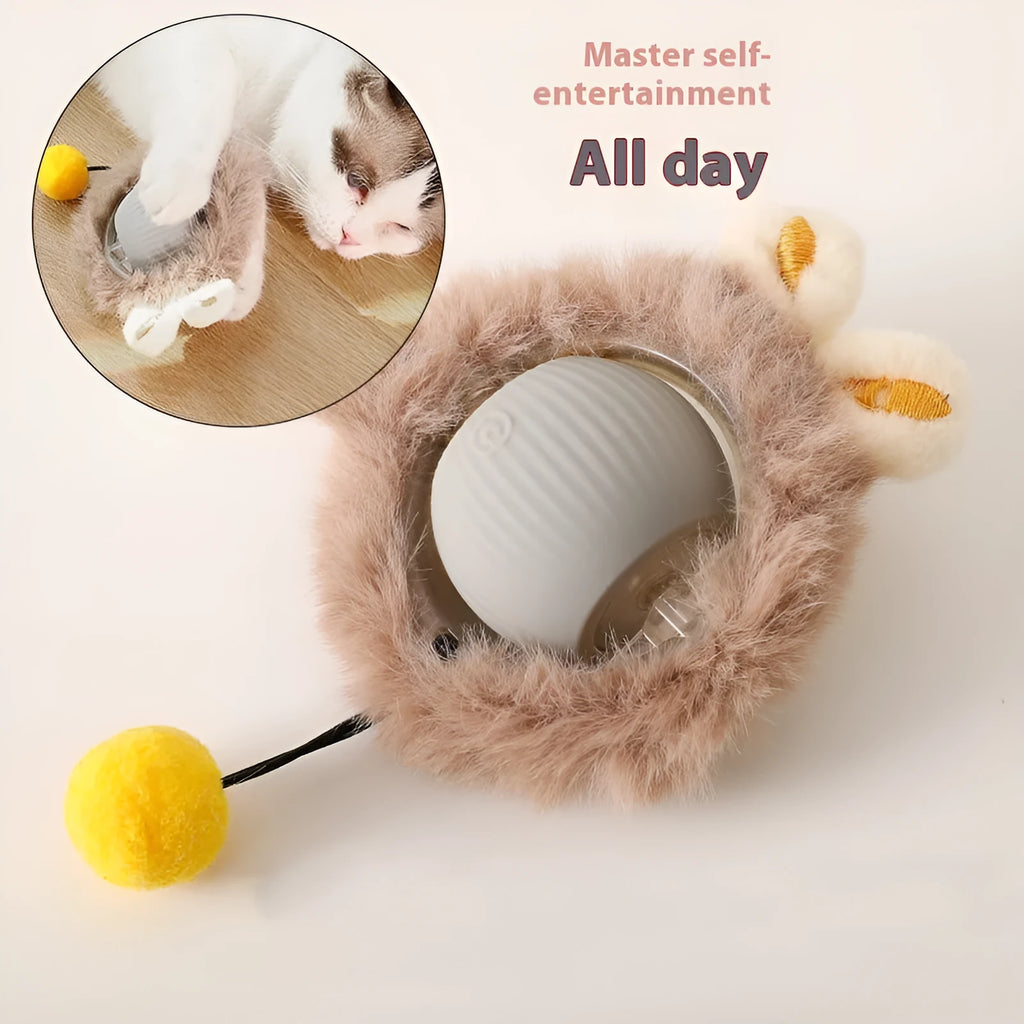 Silicone rolling ball cat toy with a plush cat ball attachment in red, green, or grey colour.