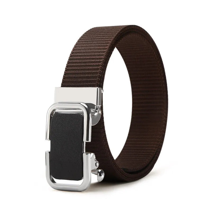 Men's nylon canvas belt in army green with an alloy buckle, laid flat showing 120cm length.