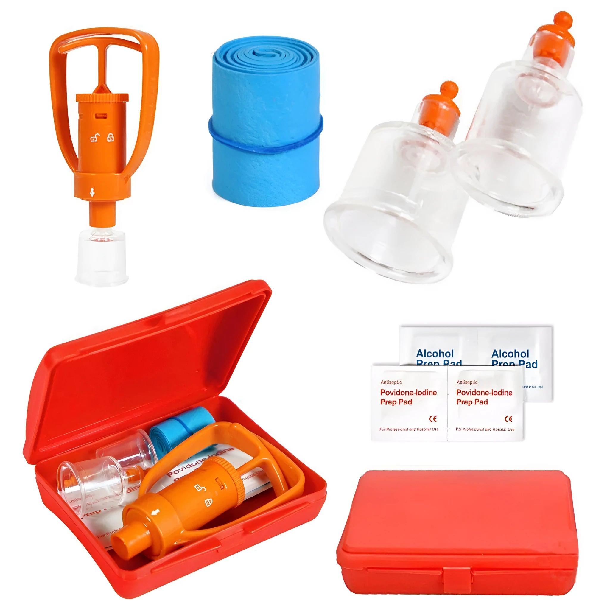Orange outdoor venom vacuum suction device with two suction cup sizes and first aid accessories