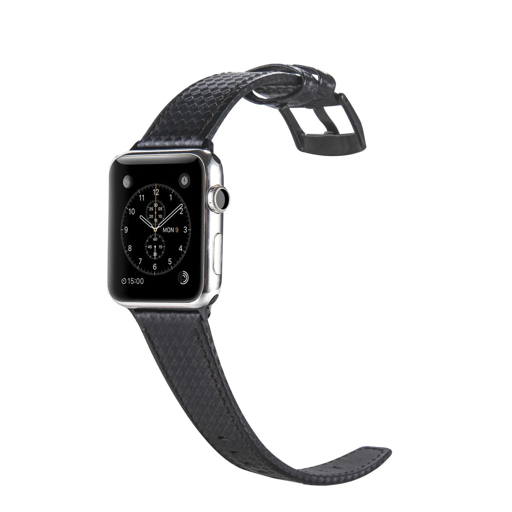 Carbon fibre and leather Apple Watch strap with patterned PC case in red, black, blue, and orange.
