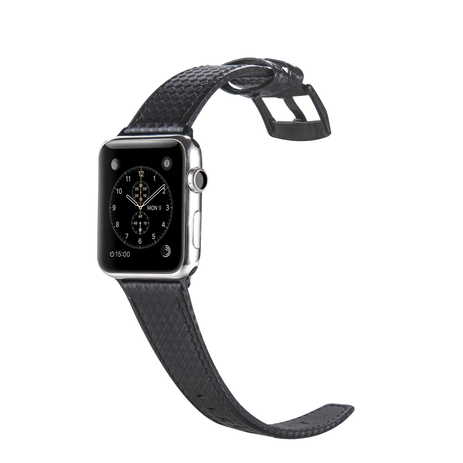 Carbon fibre and leather Apple Watch strap with patterned PC case in red, black, blue, and orange.