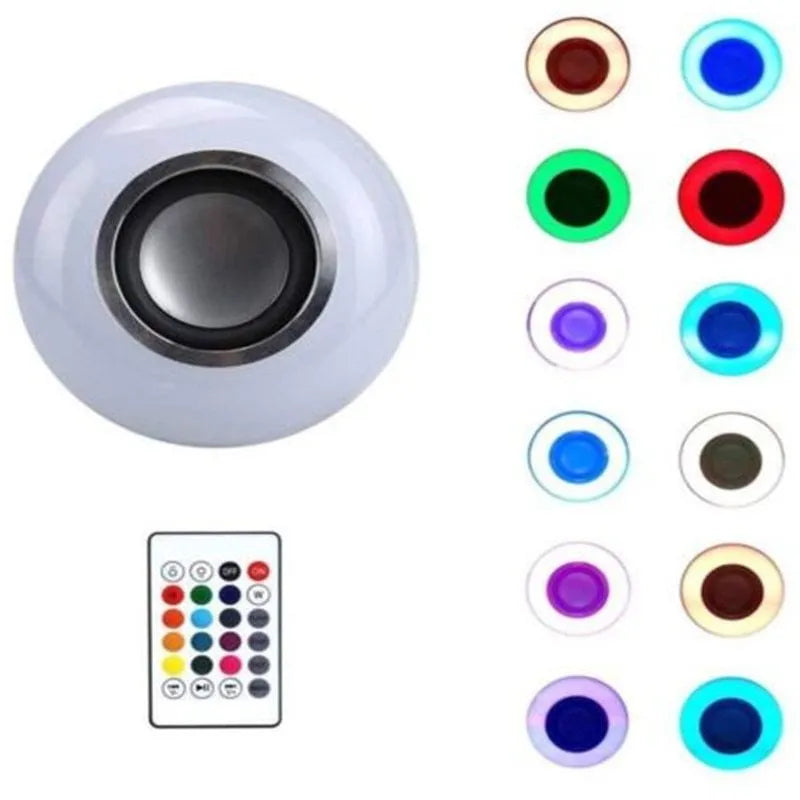 White Bluetooth speaker LED light bulb with E27 base and remote control for colour-changing mood lighting.