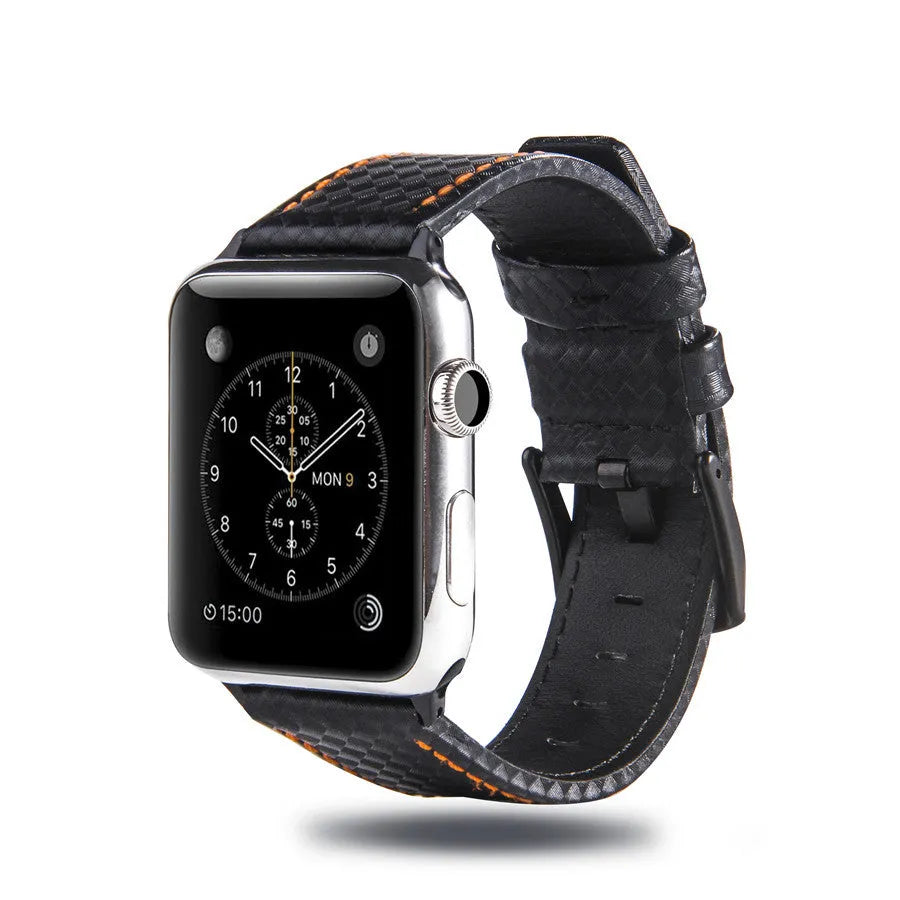 Carbon fibre and leather Apple Watch strap with patterned PC case in red, black, blue, and orange.