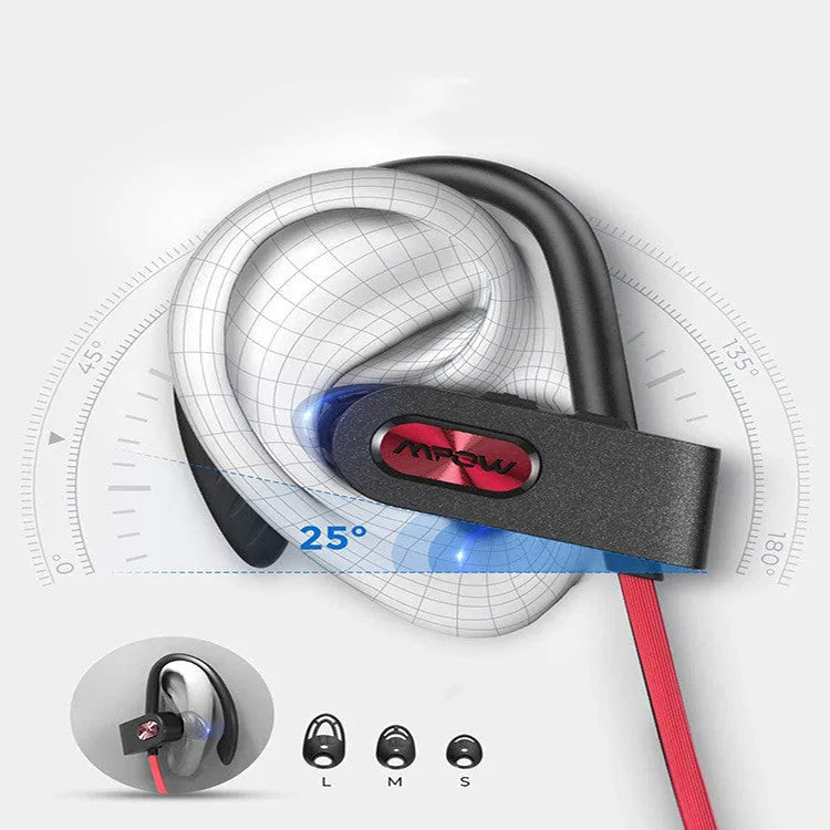 Flame2 red hanging ear Bluetooth wireless headset shown from the side