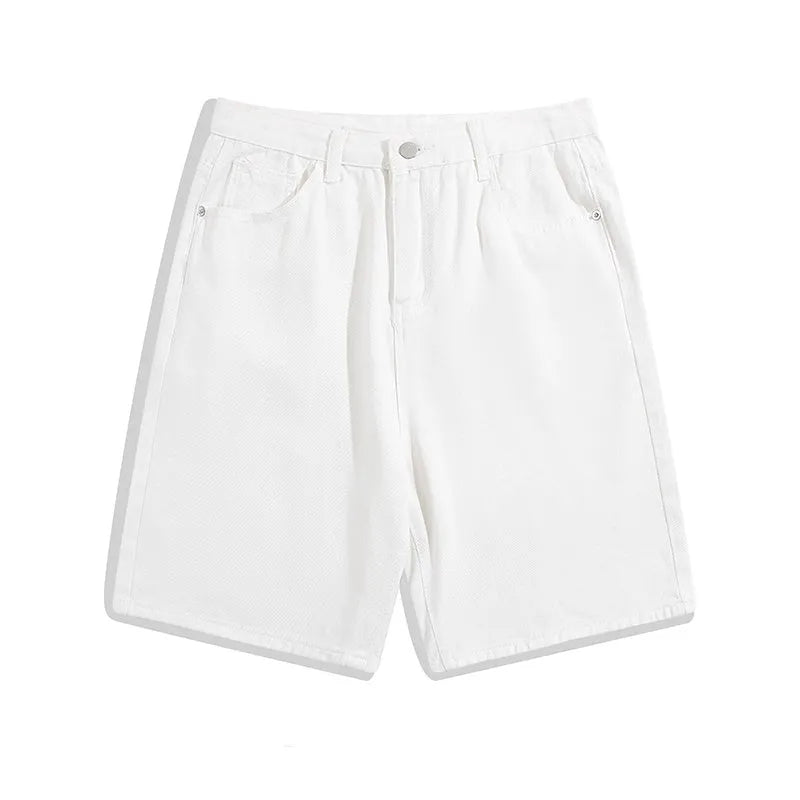 Men's light blue denim shorts with five pockets and straight leg cut on mid-waist fit