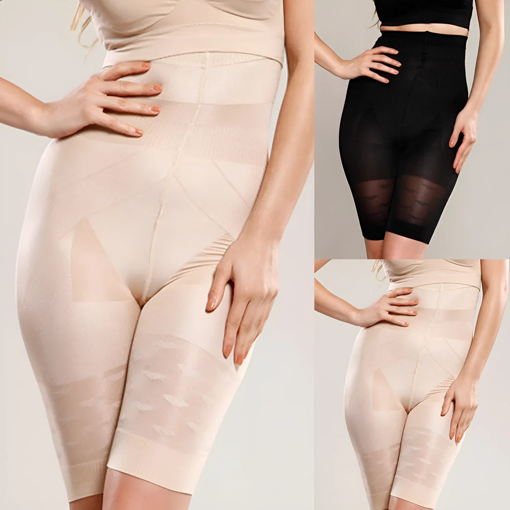 Women's black seamless high waist shapewear shorts laid flat, showing the tummy control panel.