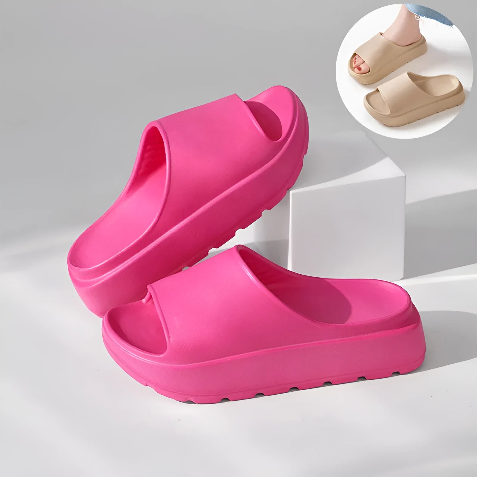 Women's thick-soled beige fish mouth beach slippers with 5.5cm EVA platform