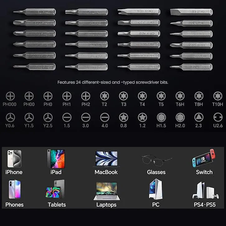 25-in-one screwdriver set with magnetic tip, chrome vanadium steel bits, and two ABS handle options on a white background