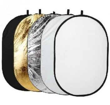 5 in 1 collapsible photography light reflector with gold silver white black translucent surfaces folded with carrying bag