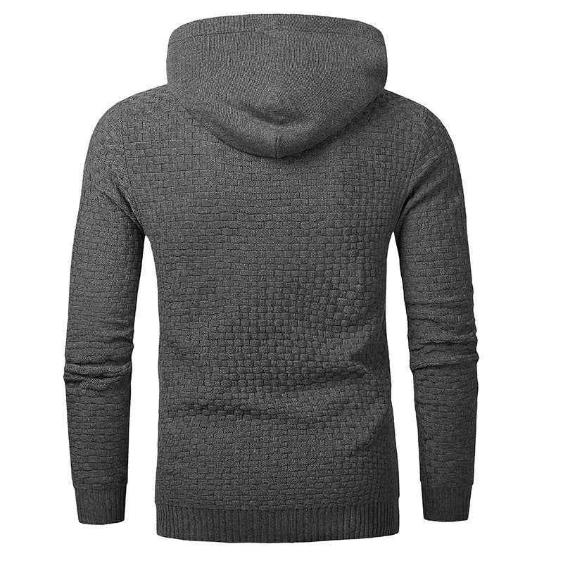 Men's black hoodie sweater made from cotton and polyester blend fabric.